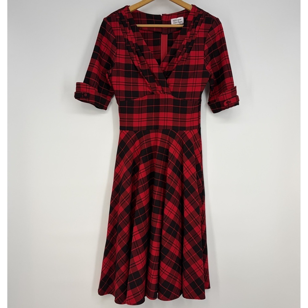 Unique Vintage Plaid Retro Shirt Dress M Full Skirt Red Black Rockabilly Holiday
